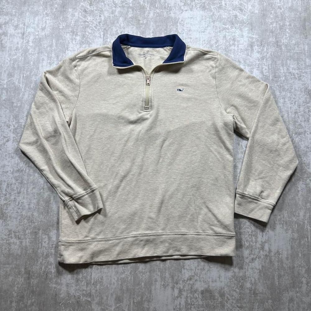 Vineyard Vines Quarter Zip Pullover Mens Medium Beige Navy Blue Cotton Whale